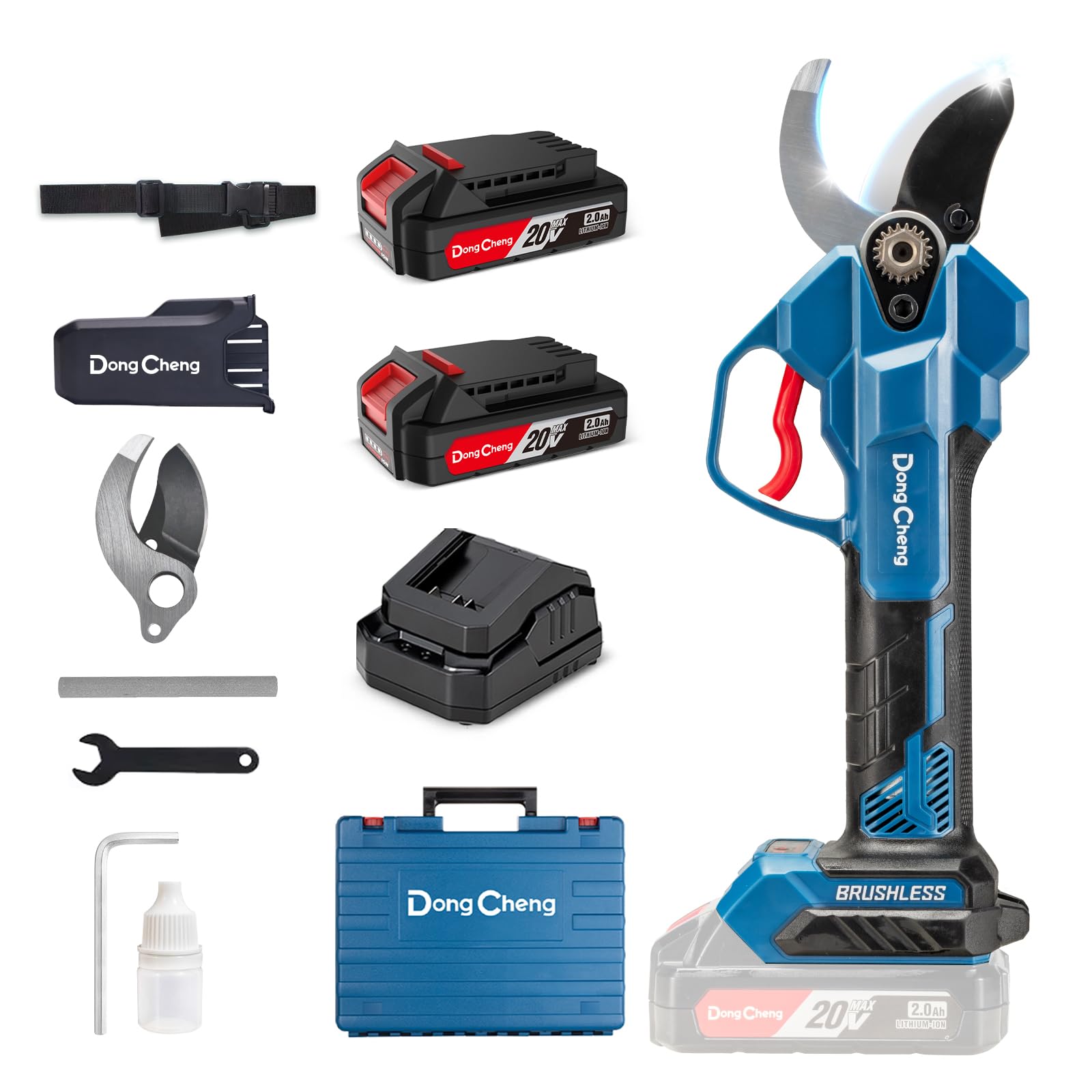 Dong Cheng Akku Astschere 20V, 4 Schnittstufen bis 35 mm, Professionelle Akku Gartenschere Bürstenloser Motor, 2×2,0Ah Akkus, 2A Ladegerät, SK5-Klinge - für Obstbäume, Gartenpflege, Sträucher