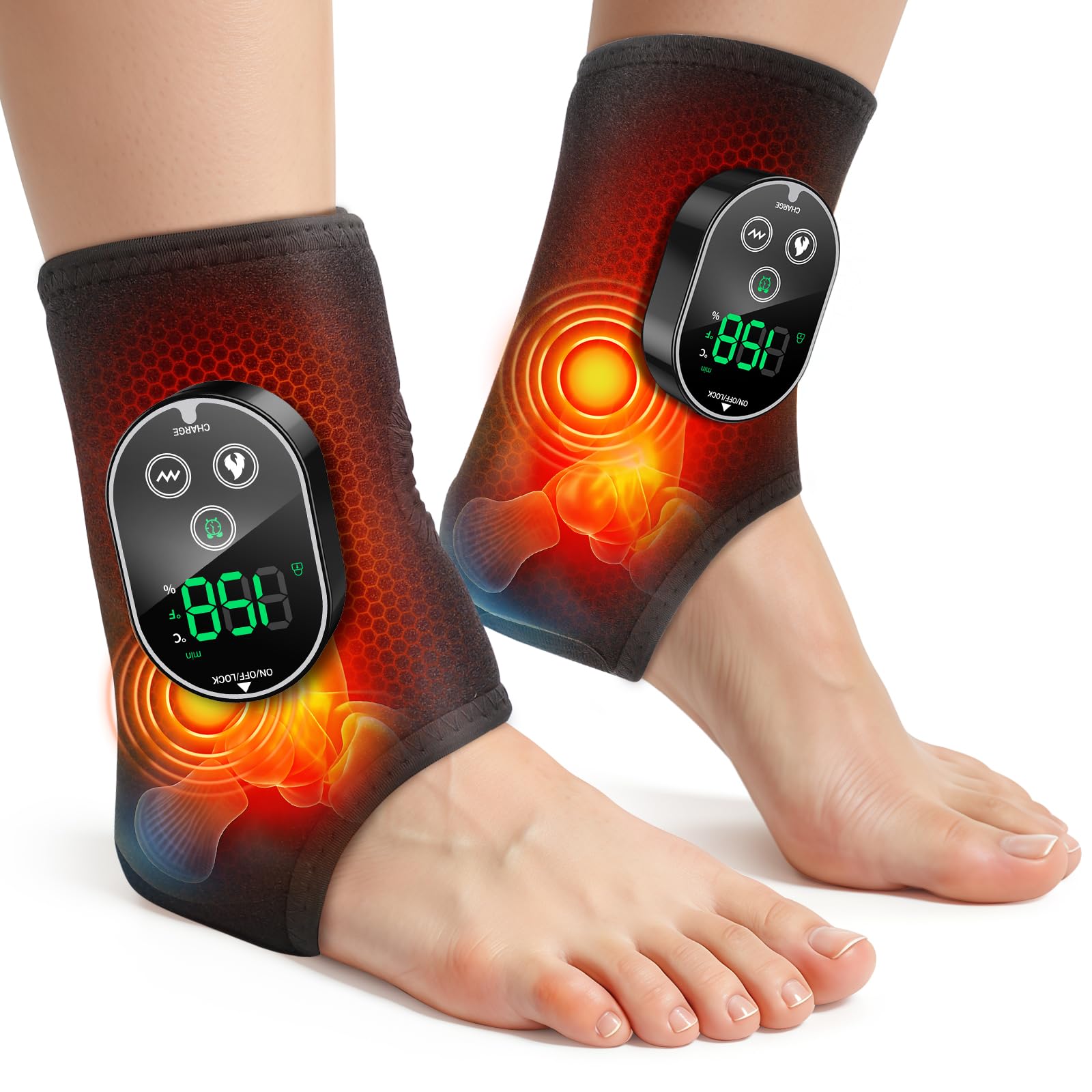 2PCS Cordless Neuropathy Foot Massager, Ankle Massager for Pain Relief, Ankle Heating Pad Plantar Fasciitis Relief, Black
