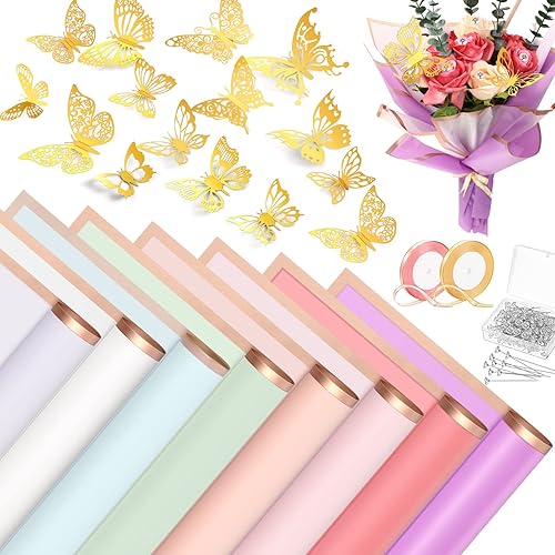 Ctosree 242 piezas de accesorios de ramo de flores para dinero, 80 hojas, papel de regalo de flores, borde dorado con alfileres de ramo, cinta de