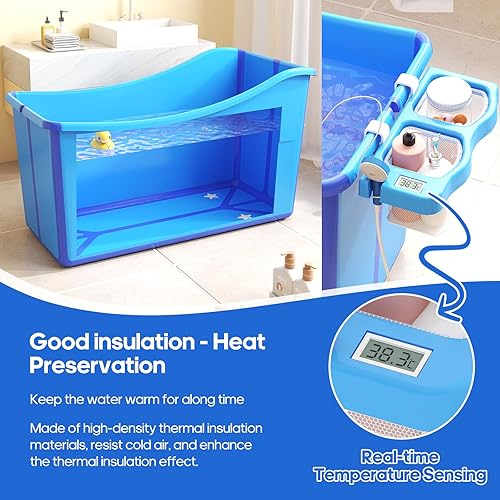 Miniatura 6 de Bañera plegable para bebé, bañera plegable para niños pequeños, portátil, grande, plegable, con termómetro y cesta de almacenamiento (azul)