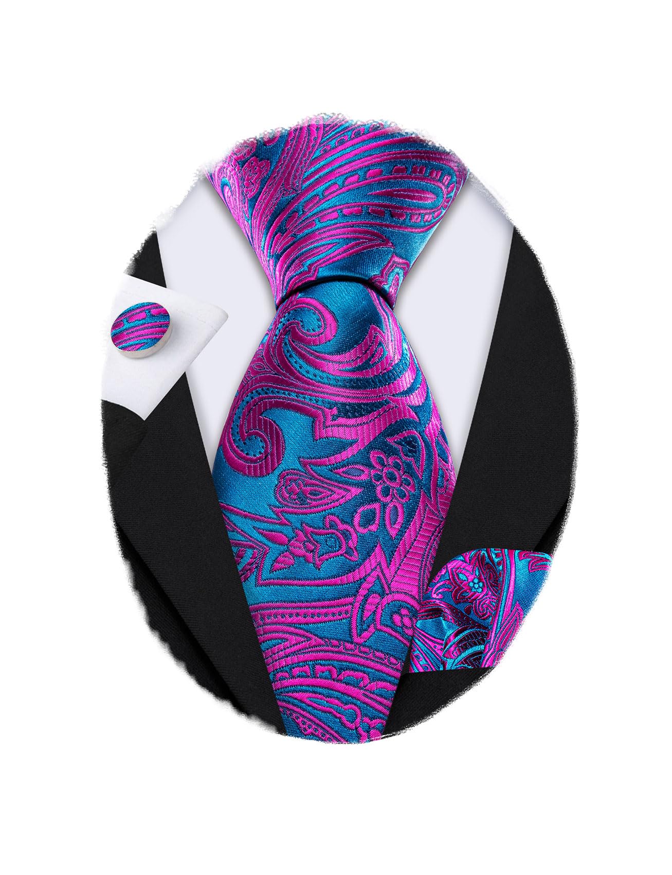 Barry.Wang Men Tie Sets Paisley Silk Necktie Pocket Square Cufflinks