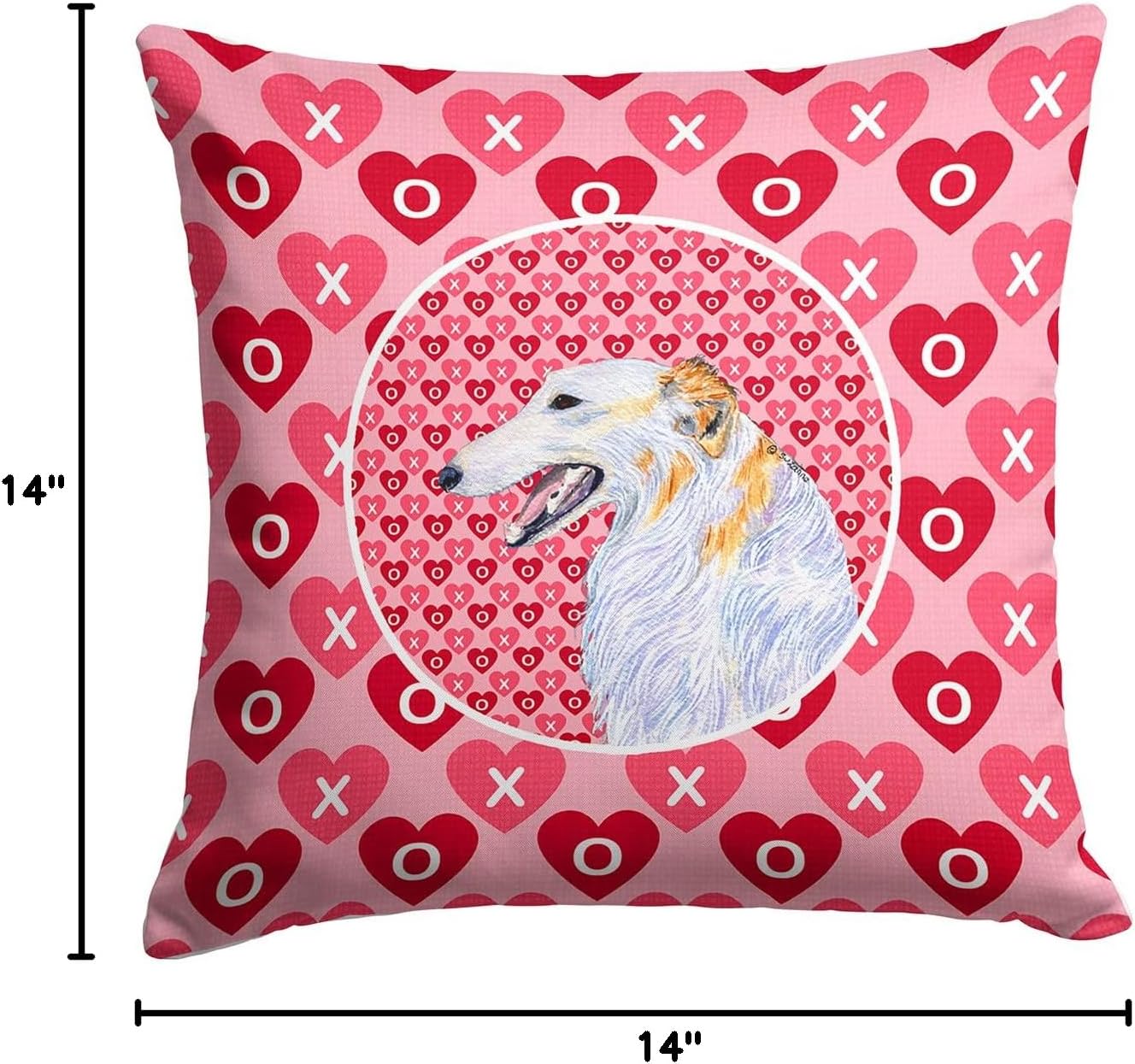 Caroline's Treasures SS4475PW1414 Borzoi Hearts Love and Valentine's Day Portrait Fabric Decorative Pillow Machine Washable, Indoor Outdoor Decorative Pillow for Couch, Bed or Patio, 14Hx14W