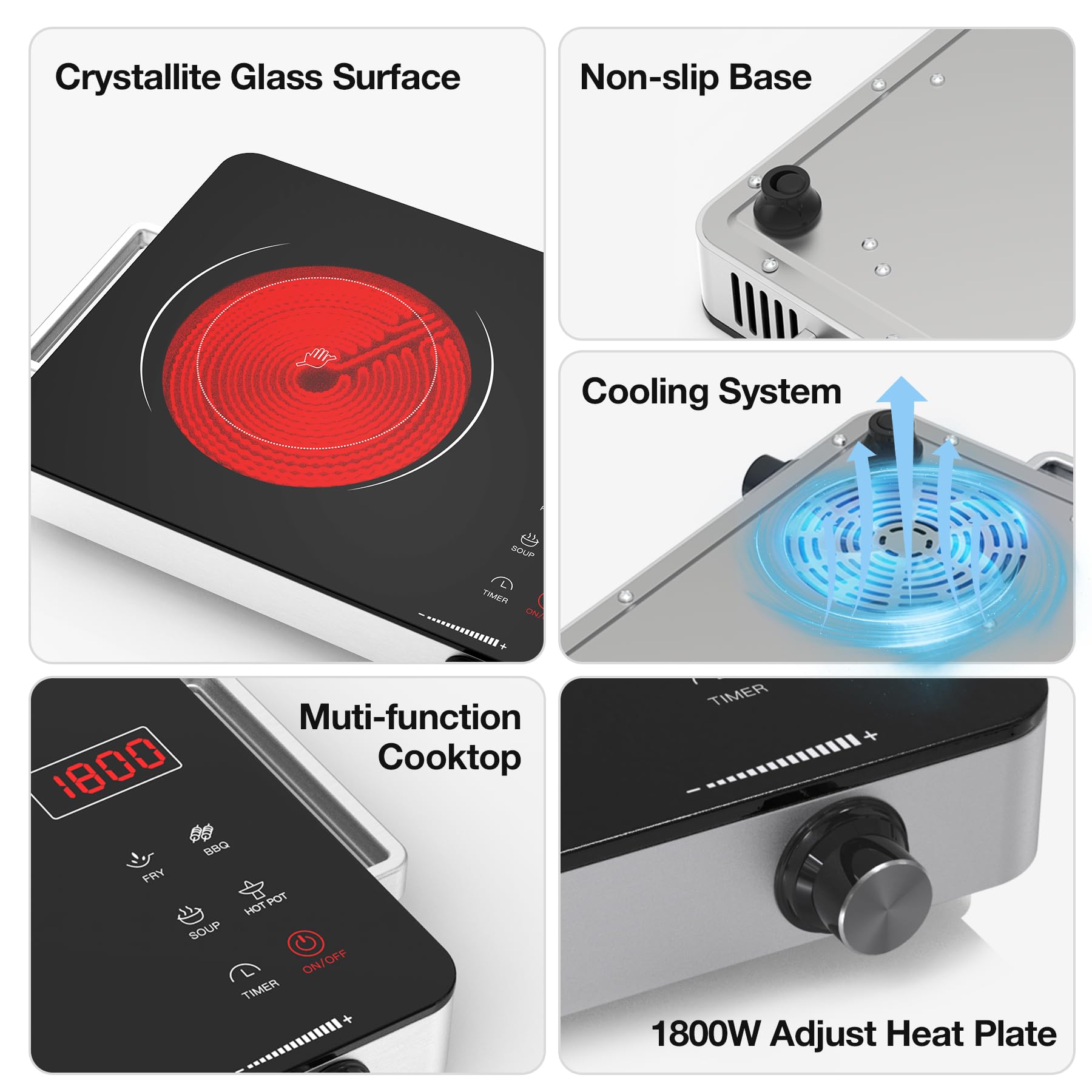 WABK 1800W Single Portable Electric Cooktop, 110V Hot Plate Countertop Burner with LCD Sensor Touch, 10 Temperature Setting, LED Display, Kids Safety Lock, Auto Shut off Function for Home Camping