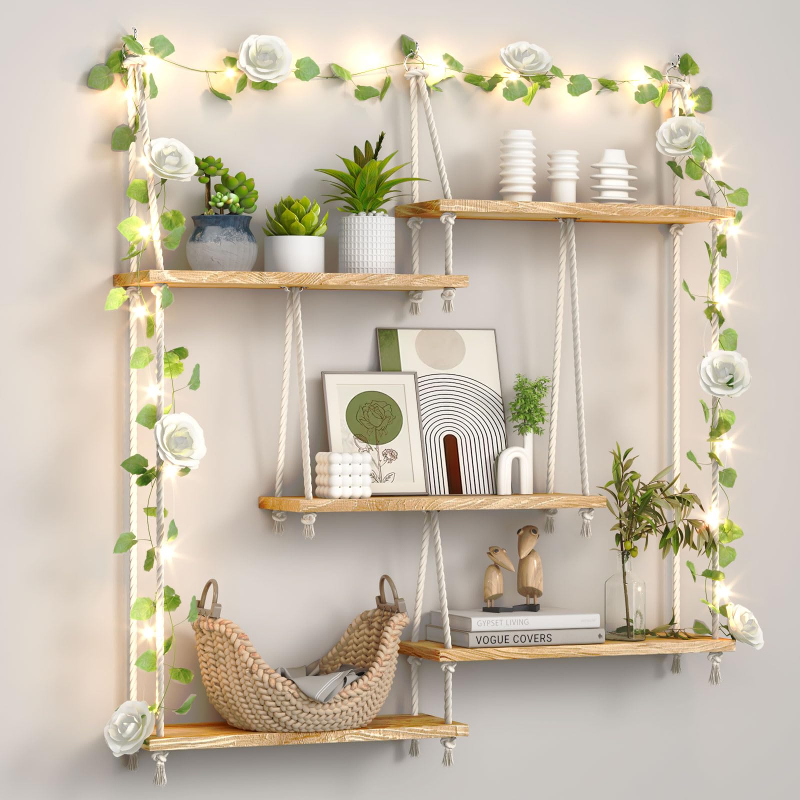 Amazon.com: FKSLIFE Hanging Shelves for Wall,Macrame Hanging Plant Shelf  with Vine Lights 5 Tier Rope Floating Shelf Wood Organizer Storage Rack  Boho Wall Decor Aesthetic for Succulents Bedroom Bathroom Kitchen : Home