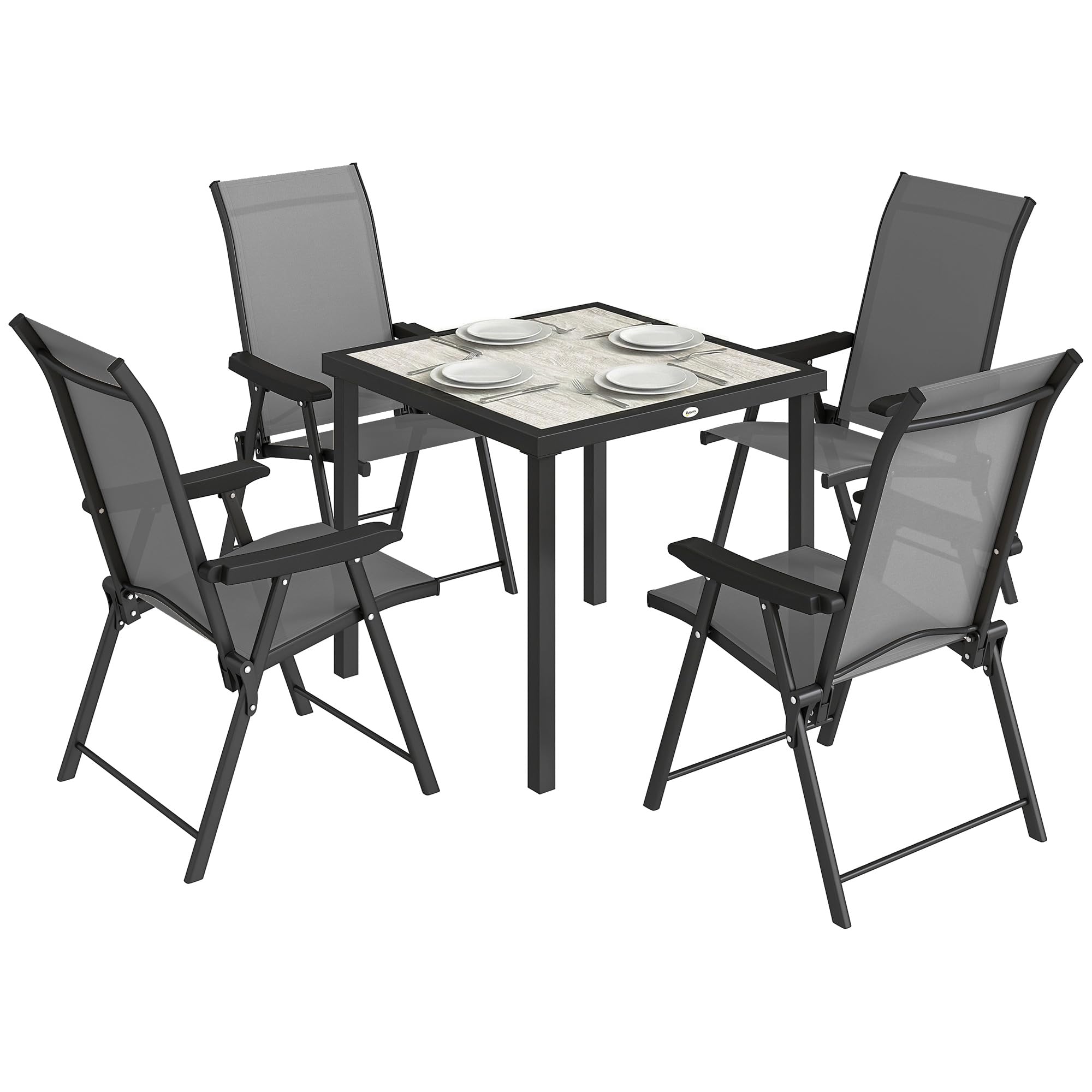 Outsunny 5 Pieces Outdoor Dining Set, Garden Dining Set for 4 with Square Table and Folding Chairs, Garden Table and Chairs with Wood-Effect Tabletop for Patio, Porch, Grey