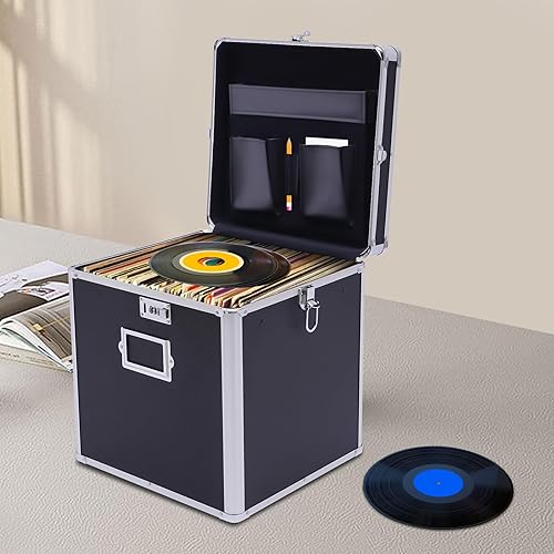 Miniatura 3 de KONGKUNI Caja de almacenamiento apilable para discos de vinilo, soporte de 50 álbumes, organizador de almacenamiento de archivos portátil con