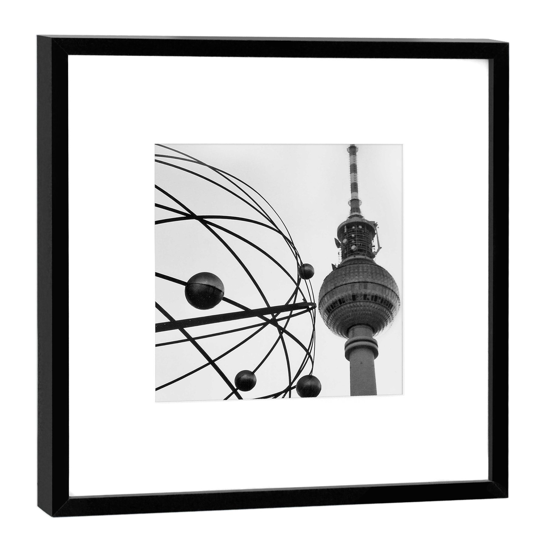 Horloge mondiale Alexanderplatz Berlin photo d'art de haute qualité sous cadre bois noir 52x52