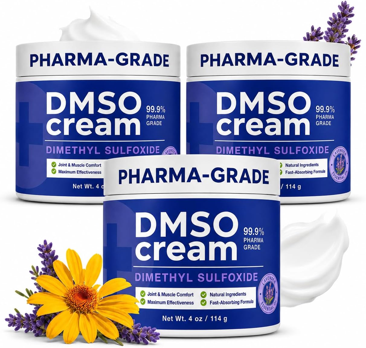 DMSO Cream – Pharmaceutical Grade DMSO Topical Cream for Joint & Muscle Comfort, with Arnica, Frankincense, Magnesium, Curcumin, Vitamin E & Lavender – 3 Pack