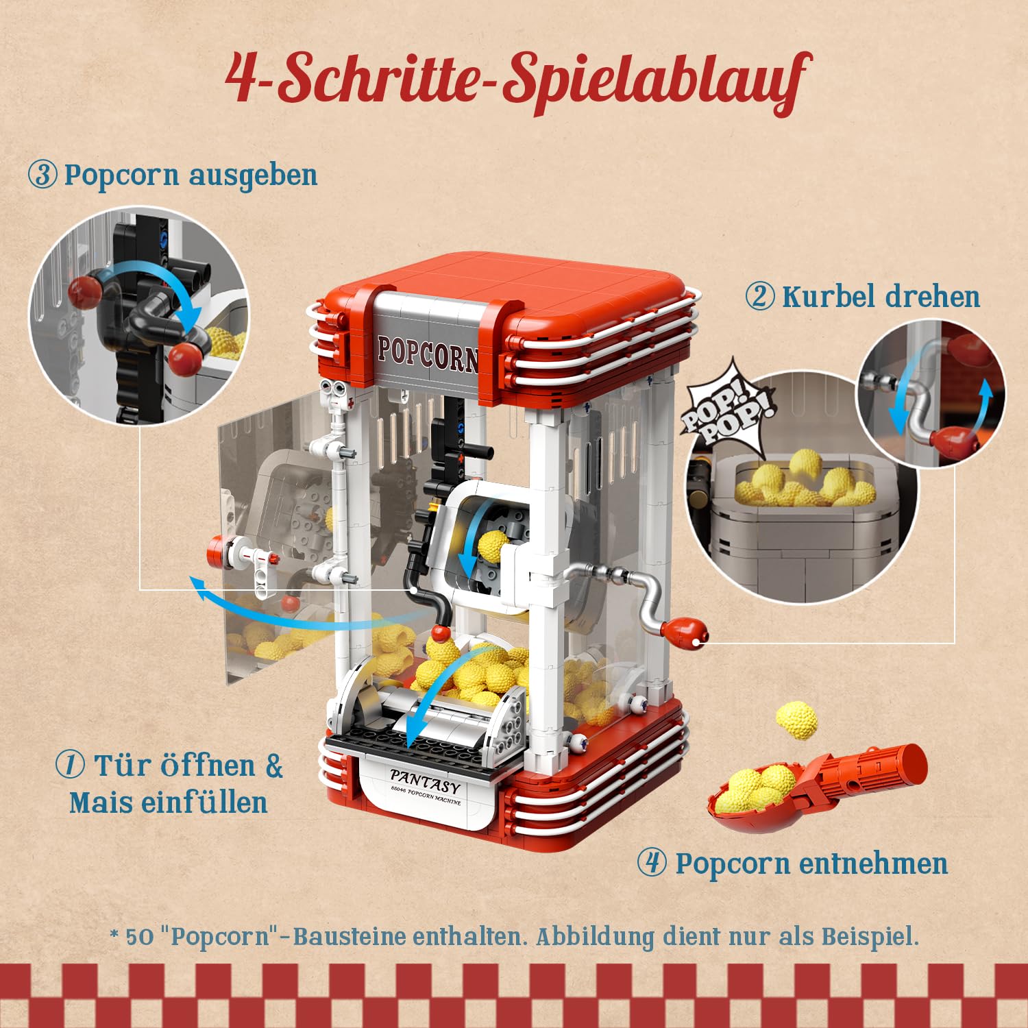 PANTASY Retro Popcornmaschine Klemmbausteine Set | Interaktives Kinomodell mit Drehkurbel, Figur und Popcorn-Elementen, nostalgische Display-Deko für Film- und Retro-Fans