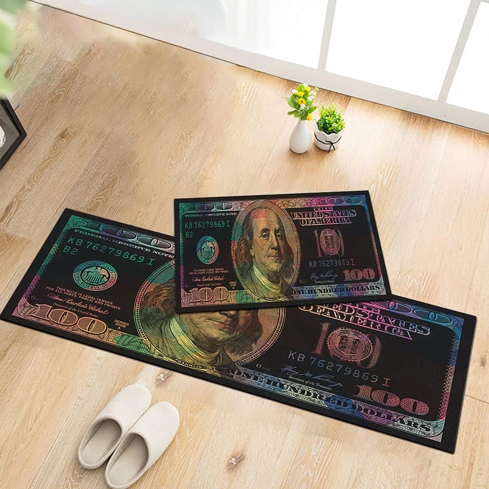 Colorful Money Rugs 100 Dollar Bill Kitchen Rugs Laundry Room Rug Non-Slip Rubber Indoor Outdoor Rugs for Hallway Living Room Bedroom Dining Room Bathroom Mudroom Room Decor 17.5"x29"+17.5"x59"
