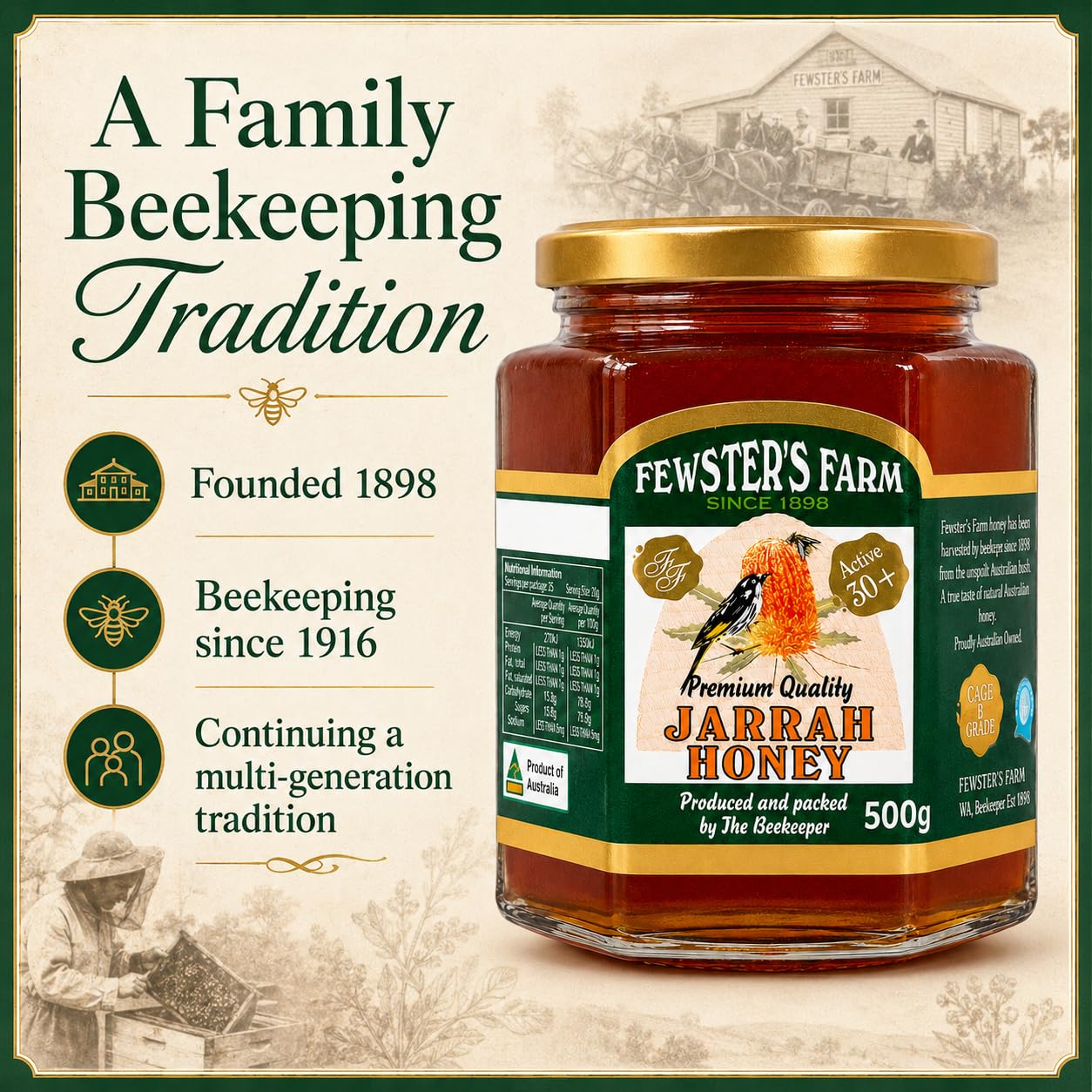 Fewster's Farm TA 30+ Jarrah Honig 500 g – Jarrah-Honig ist Nektar, der von Bienen aus den Blüten des Jarrah-Baums gesammelt wird.