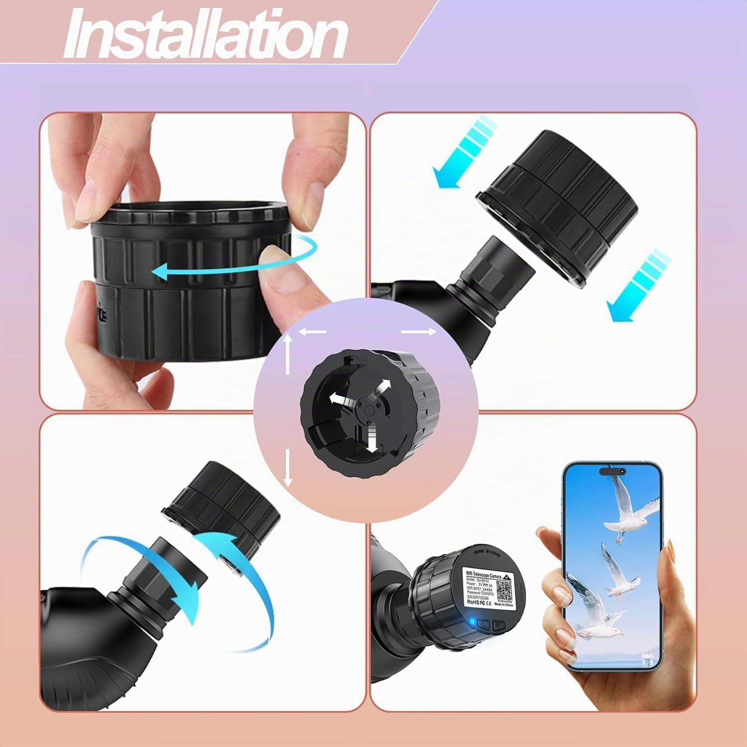 WiFi-Okularkamera,mit 1.5-Zoll-Bildschirm, 2.5K-Video,1920 x 1080 Pixel, geeignet für 24-50 mm optisches Teleskopmikroskop und Monokular-Fernglas, mit 64GB Speicherkarte