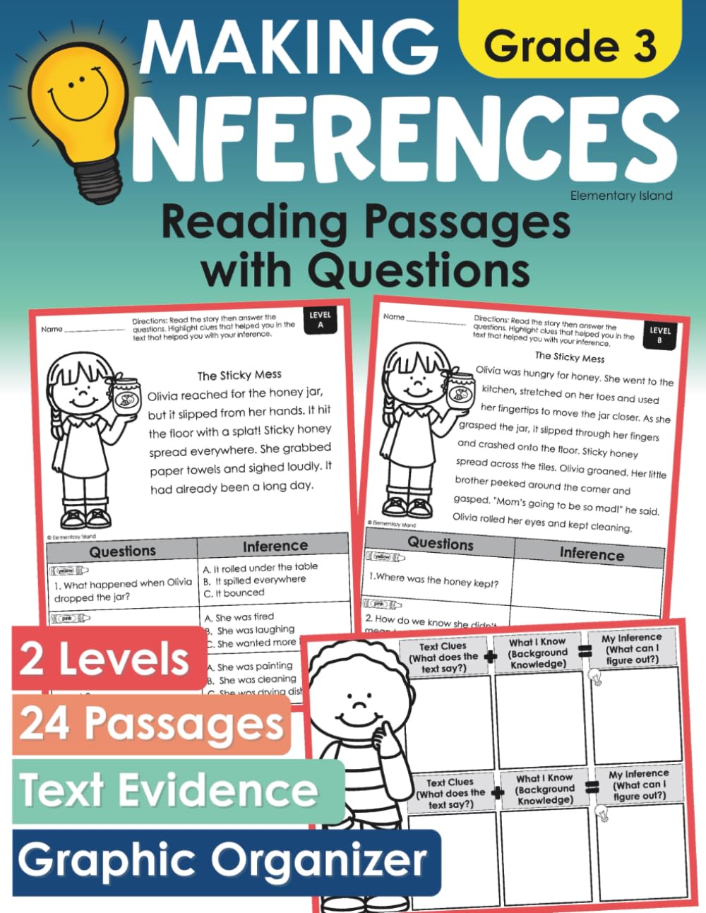 Making Inferences Grade 3 Reading Passages with Questions: 2 Levels 24 Passages Text Evidence Graphic Organizer
