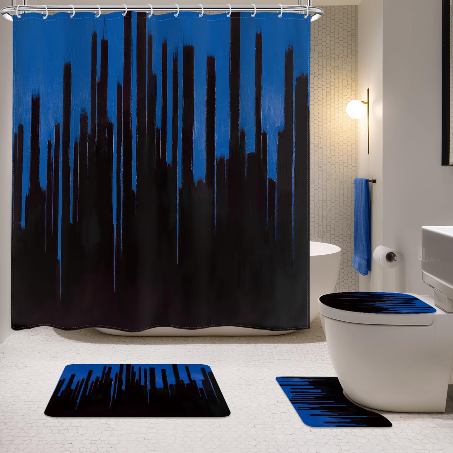 Imirell 4 PCS Blue Black Abstract Shower Curtain Set with Rugs,Modern Minimalist Line Bathroom Sets with Rugs Shower Accessories-Toilet Lid Cover,Non-Slip Rugs and U-Shaped Mat for Bathroom Decor