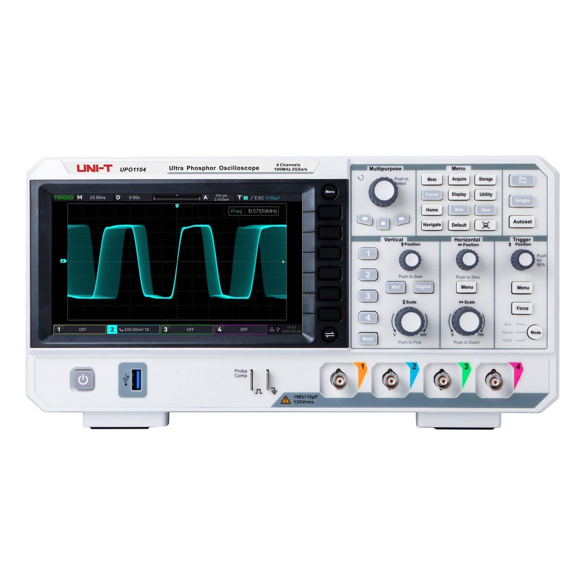 UNI-T Osciloscopio digital DSO Ultra Phosphor UPO1104, 100 MHz, 4 canales, 2 GSa/s, 56 Mpts, profundidad de memoria, 500.000 wfm/s, pantalla de 7 pulgadas, adquiere rápidamente puntos FFT de 1 Mpts