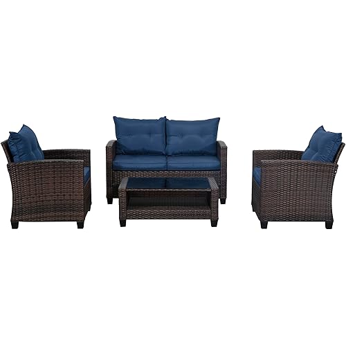 4 Piece Outdoor Patio Furniture Set, Wicker Conversation Set Outdoor Patio Sofa with Cushions and Coffee Table, Suitable for Outdoors, Gardens, Balconies, Porches, Brown/Blue (Extra Large)