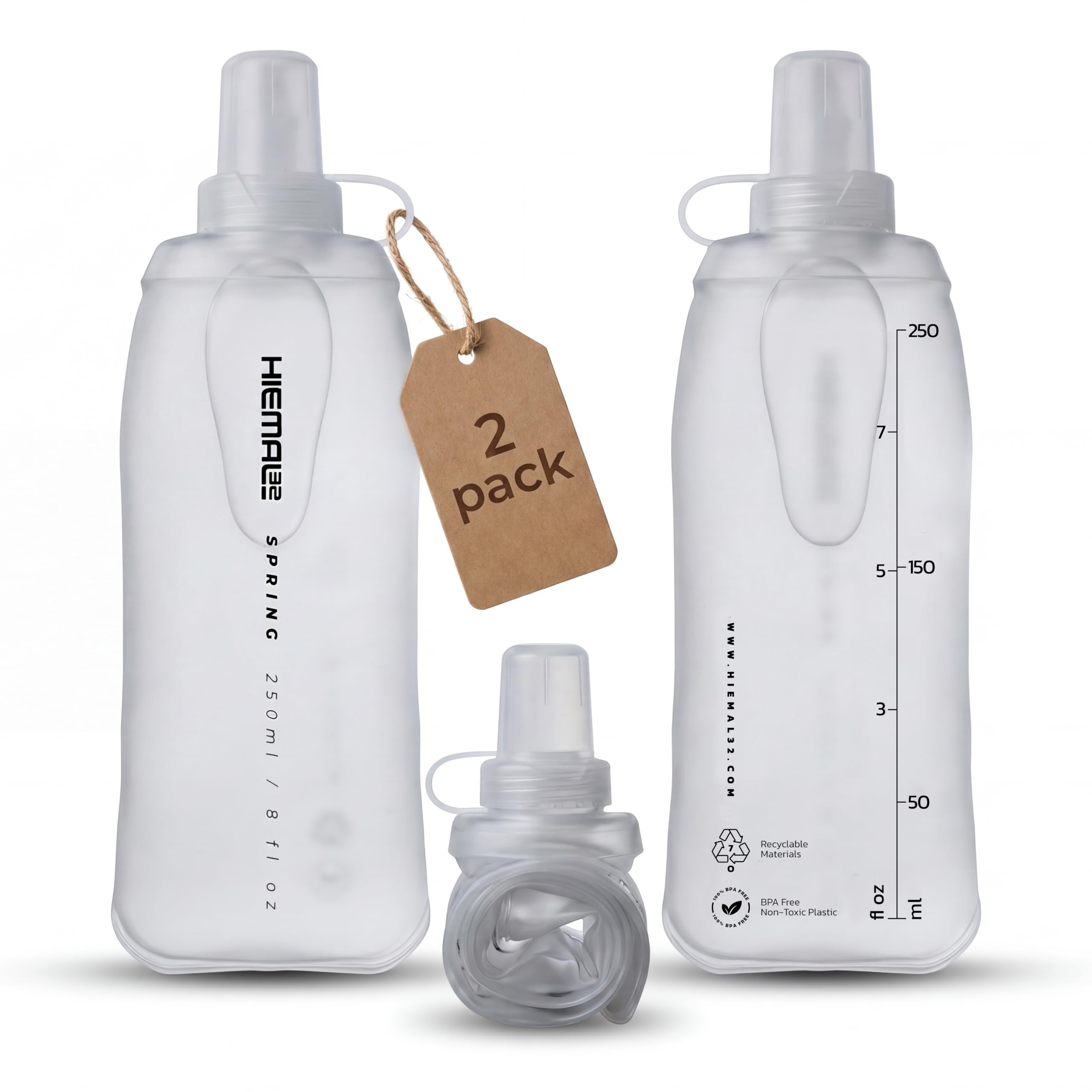 HIEMAL32 250ml Soft Flask 2 Pack – Running Water Bottle for Hydration, Flexible Pouch with Bite Valve & Cap – Lightweight, Leakproof, BPA Free for Sport, Cycling & Travel