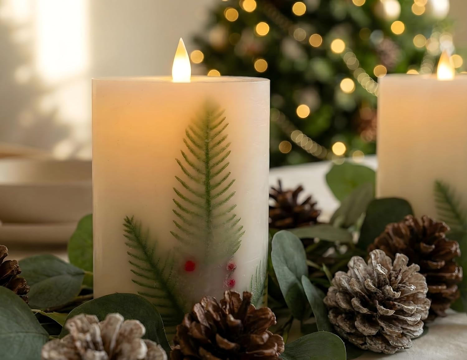 Flameless Pillar Candles Flickering with Remote Timer, Battery Operated LED Candles Up to 400 Hours, 3D Moving Flame Real Wax Candles, D4 x H6, Remote Included (Berry Thicket, 4inx6in)