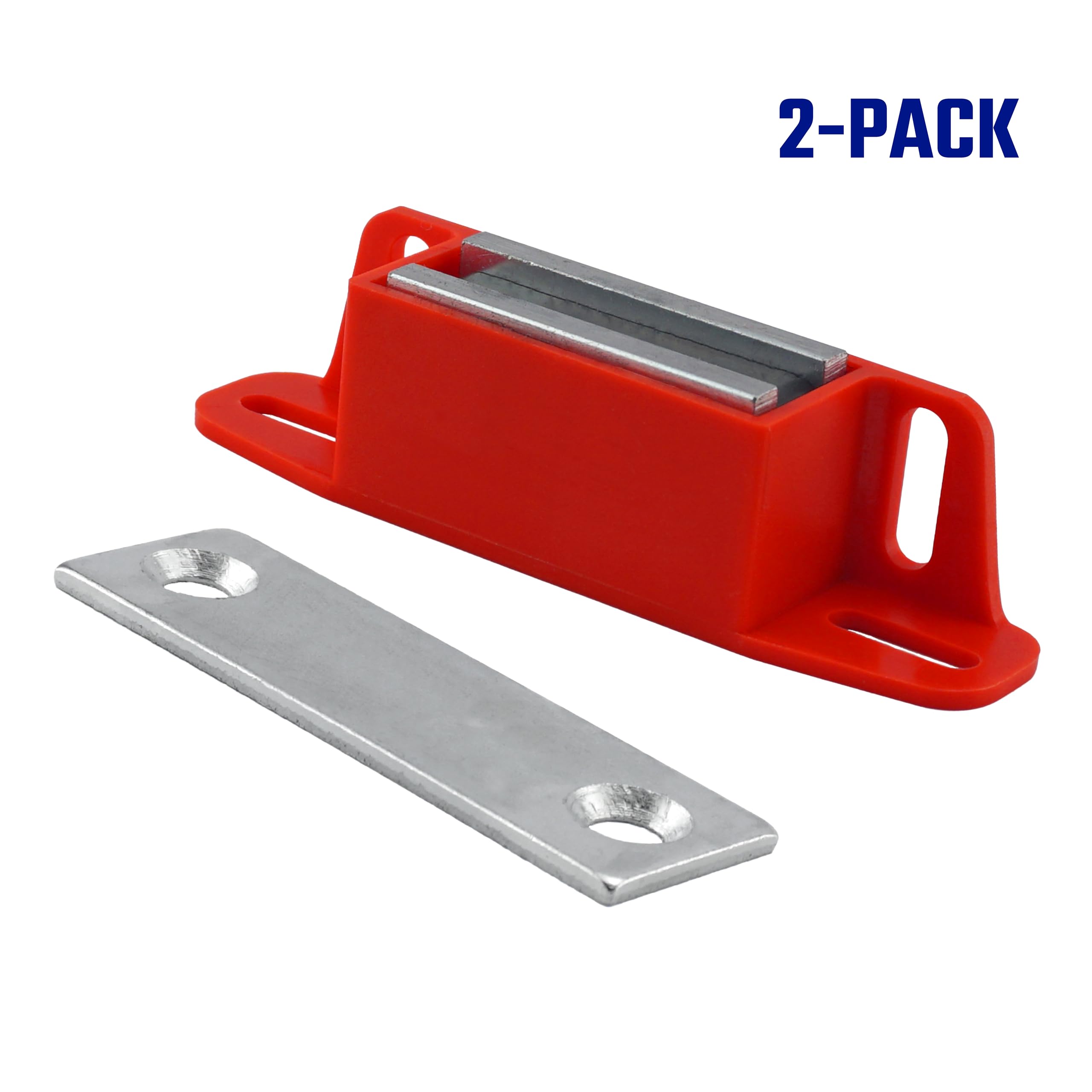 Master Magnetics 07502 x 2 zatrzask magnetyczny, uniwersalny z płytką uderzającą, 2-drożny montaż czerwony, 10 cm długości, 0,938 cala szerokości, 3,5 cm wysokości, 1,35 funtów (opakowanie 2 szt.)
