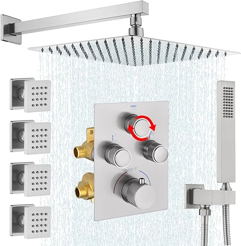 Miniatura 39 de Sistema de ducha de lluvia, cabezal de ducha de lluvia montado en la pared de 12 pulgadas con chorros corporales y ducha de mano, juego de grifo