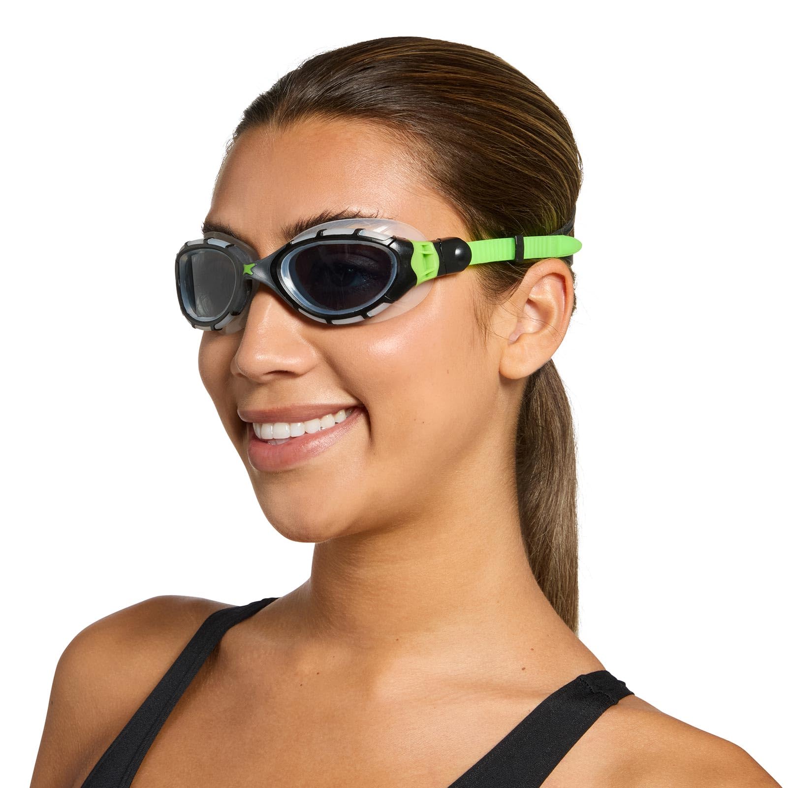 Zoggs Predator Flex Unisex Adult Swimming Goggles with Anti-Fog UV Protection, Curved Lens, Quick Fit Gasket, Black/Green, Tinted Smoke Lenses, Small โ image 1