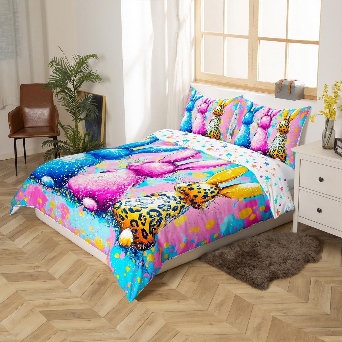 Colorful Rabbit Duvet Cover Set Toddler Size,Leopard Print Bedding Set 2Pcs,Watercolor Glitter Graffiti Art Comforter Cover for Kids Girls Boys Teens Room Decor,Cute Animal Quilt Cover,1 Pillowcase