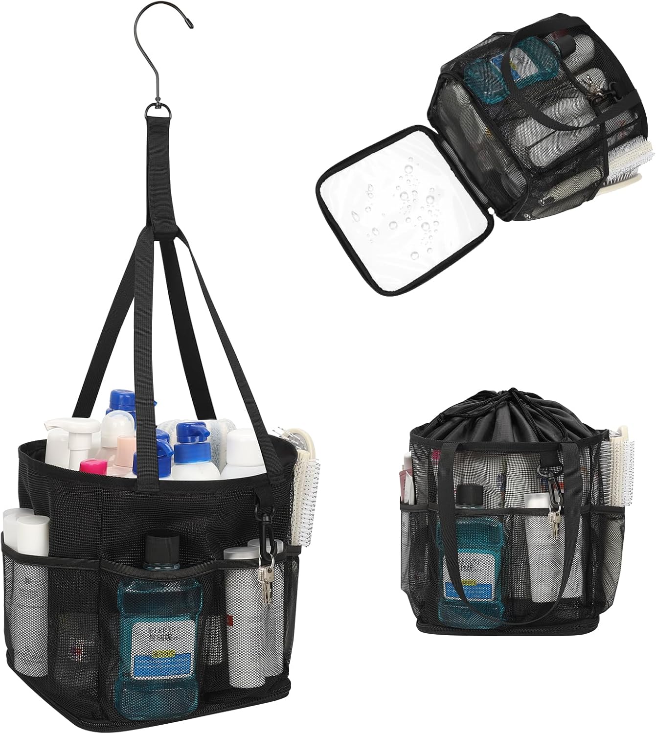 Mesh Shower Caddy Portable for College Dorm Room Essentials, Shower Tote Bag with Hanging Hook and Drawstring, Quick Dry Toiletry Bag with 6 Pockets for Bathroom, Swimming, Gym, Camping, Beach, Travel