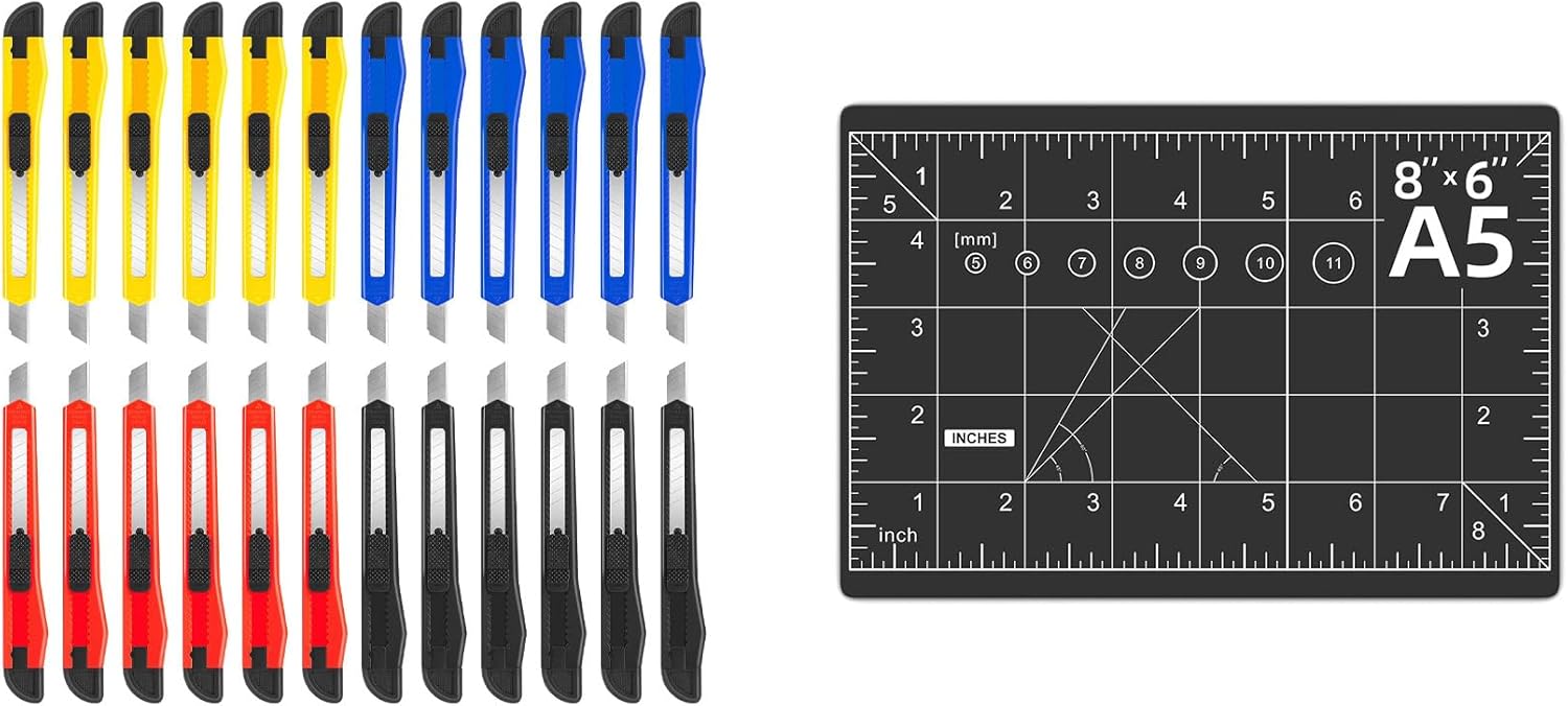 DIYSELF 24 Pack Box Cutter Bulk and Blue Cutting Mat 6in×8in