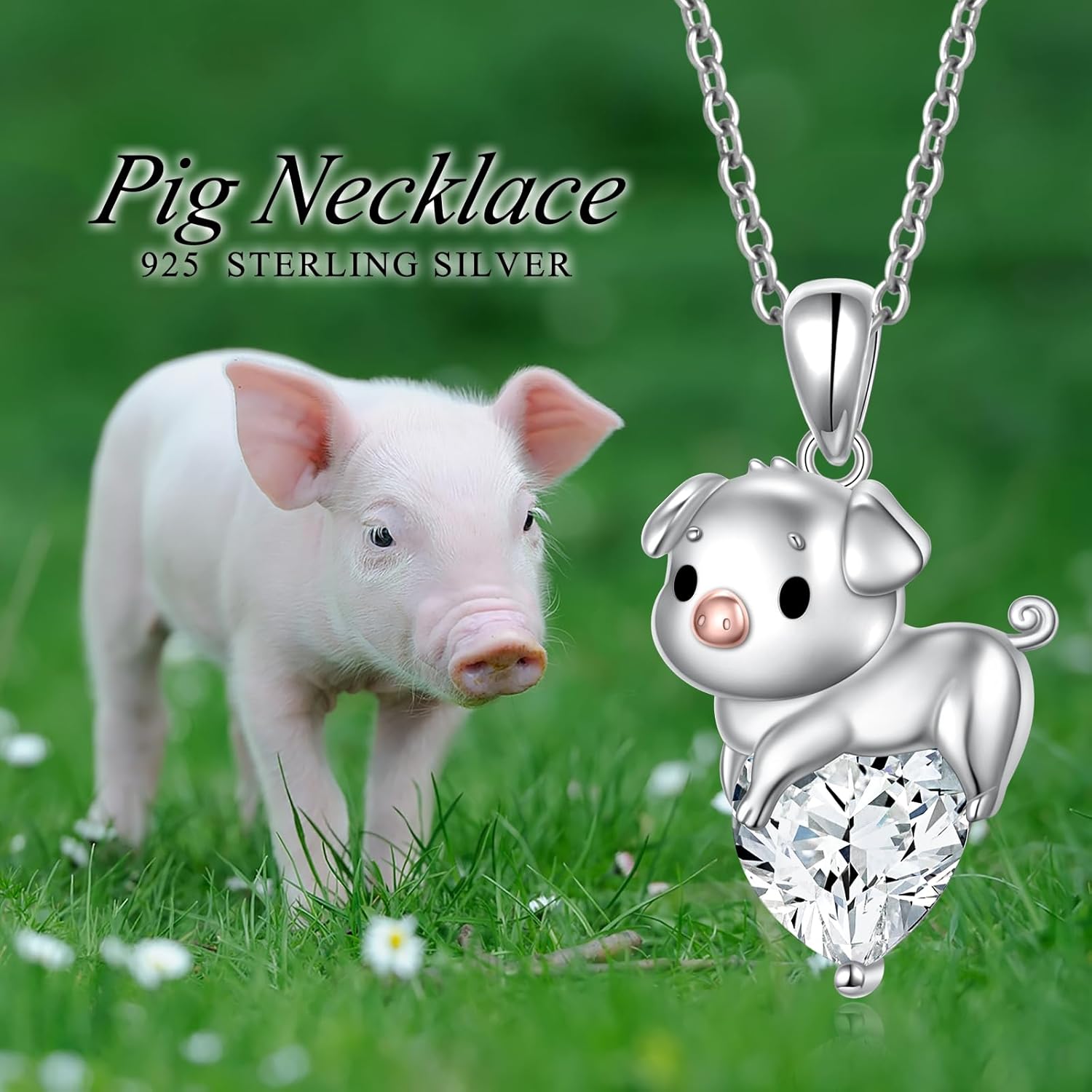 FLYOW Pig Necklace 925 Sterling Silver Cute Animal Necklace with Heart Blue CZ Piggy Pendant for Women Friend Pig Lovers Birthday Graduation Valentine's Day Anniversary Christmas Jewelry White/Blue - Image 6