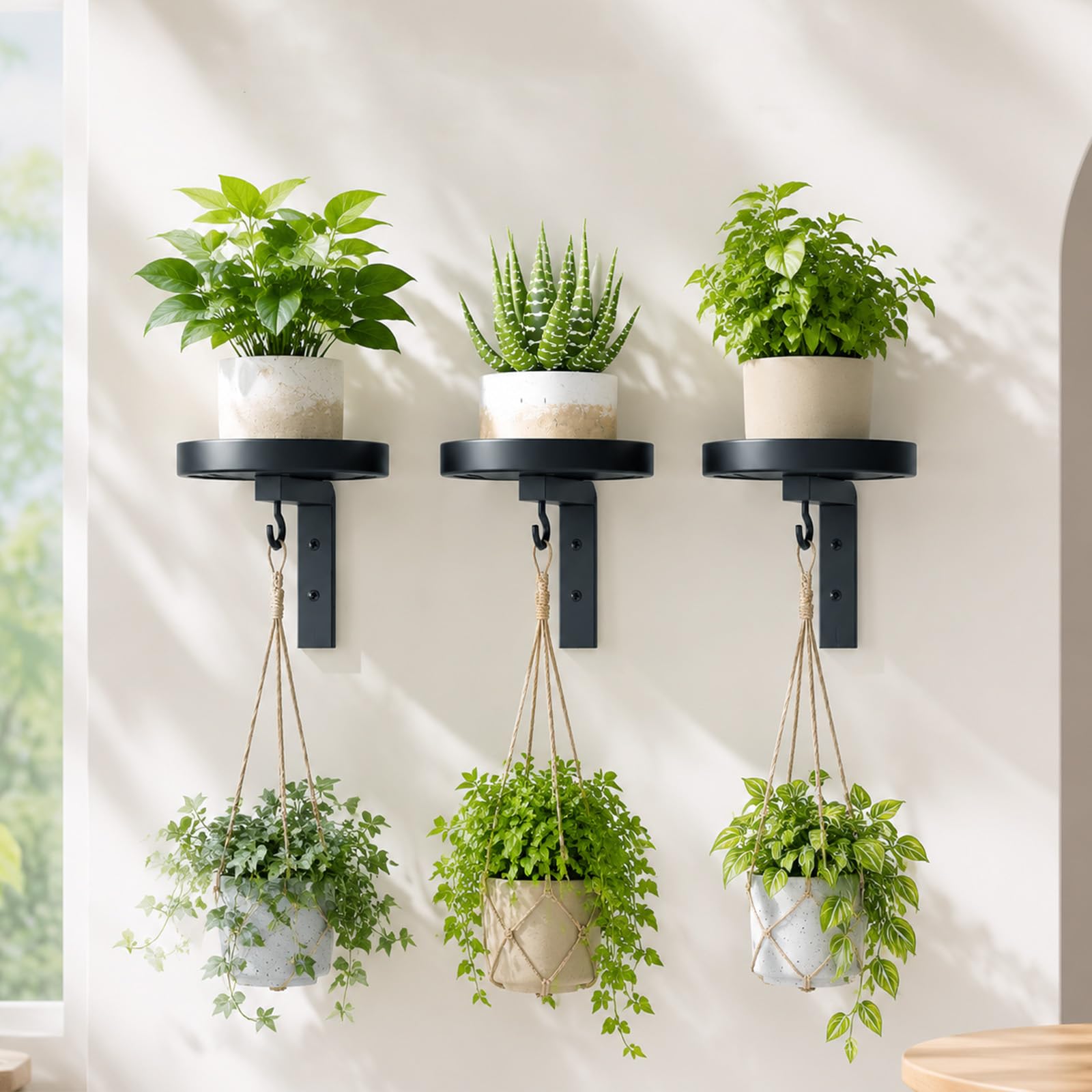 Lot de 3 supports muraux pour plantes - En métal - Avec crochets - Pour l'intérieur et l'extérieur - Étagère à plantes haute, à plusieurs étages - Pour balcon, salon, terrasse