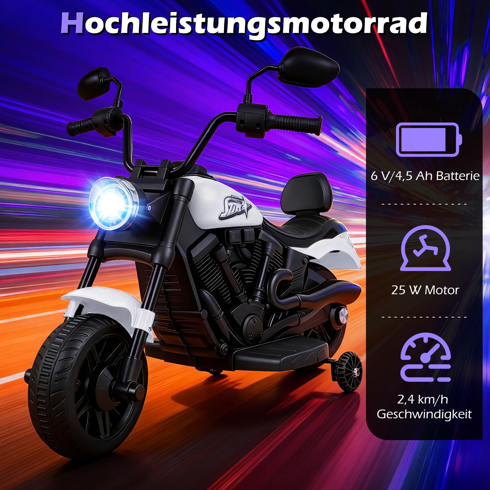 COSTWAY 6 V Kinder Motorrad Elektro, Kindermotorrad mit Scheinwerfer, Rückspiegel & 2 Stützrädern, Elektromotorrad mit Musik & Licht, 2,4 km/h, Elektrofahrzeug für Kinder ab 18 Monaten (Weiß)