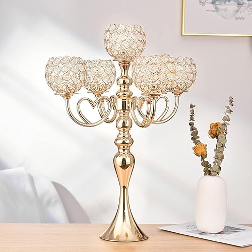Miniatura 6 de VINCIGANT Paquete de 2 candelabros de cristal de 5 brazos para mesas, soporte de metal dorado de 21.5 pulgadas de alto para fiestas formales, bodas,