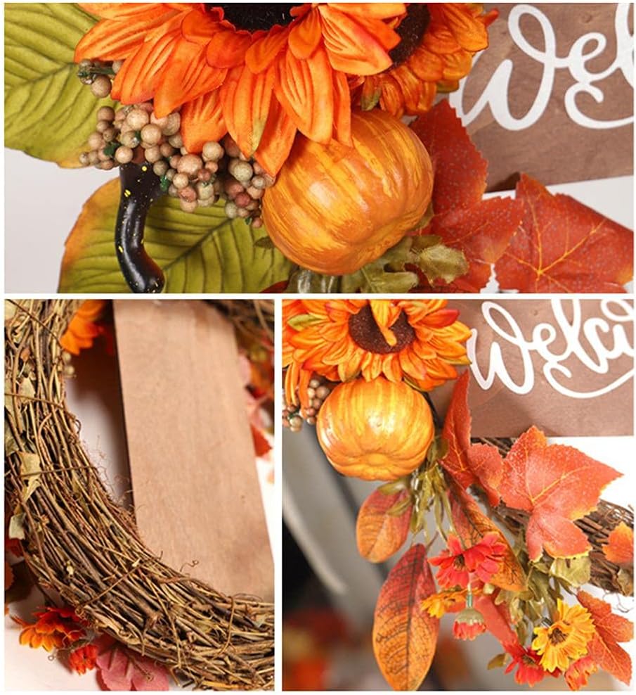 MINGZHE Artificial Autumn Fall Wreath Simulation Maple Leaf Pumpkin Sunflower Halloween Garland Rattan Garland for Autumn Decoration, Artificial Fall Decorations for Home for Indoor Outdoor(15.7in)