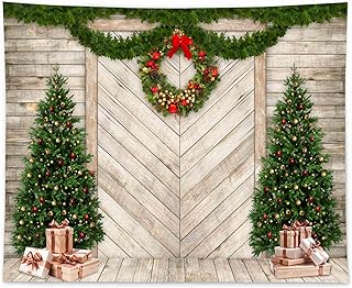 Funnytree 10x8FT Christmas Wood Door Photography Backdrop for Xmas Decoration Pine Tree Gifts Rustic House Background Photo Booth Shoot Durable Fabric Washable