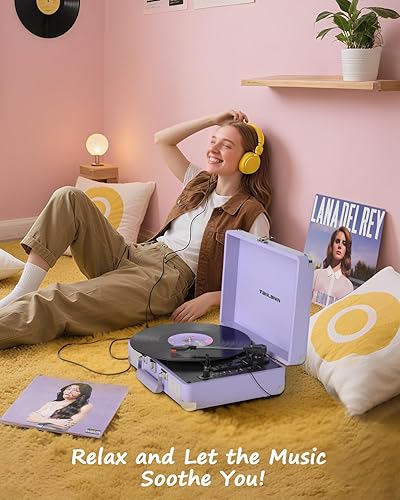 Miniatura 6 de Tocadiscos de vinilo Bluetooth con altavoces integrados, transmisión por correa de 3 velocidades, reproducción y grabación USB, regalo retro para