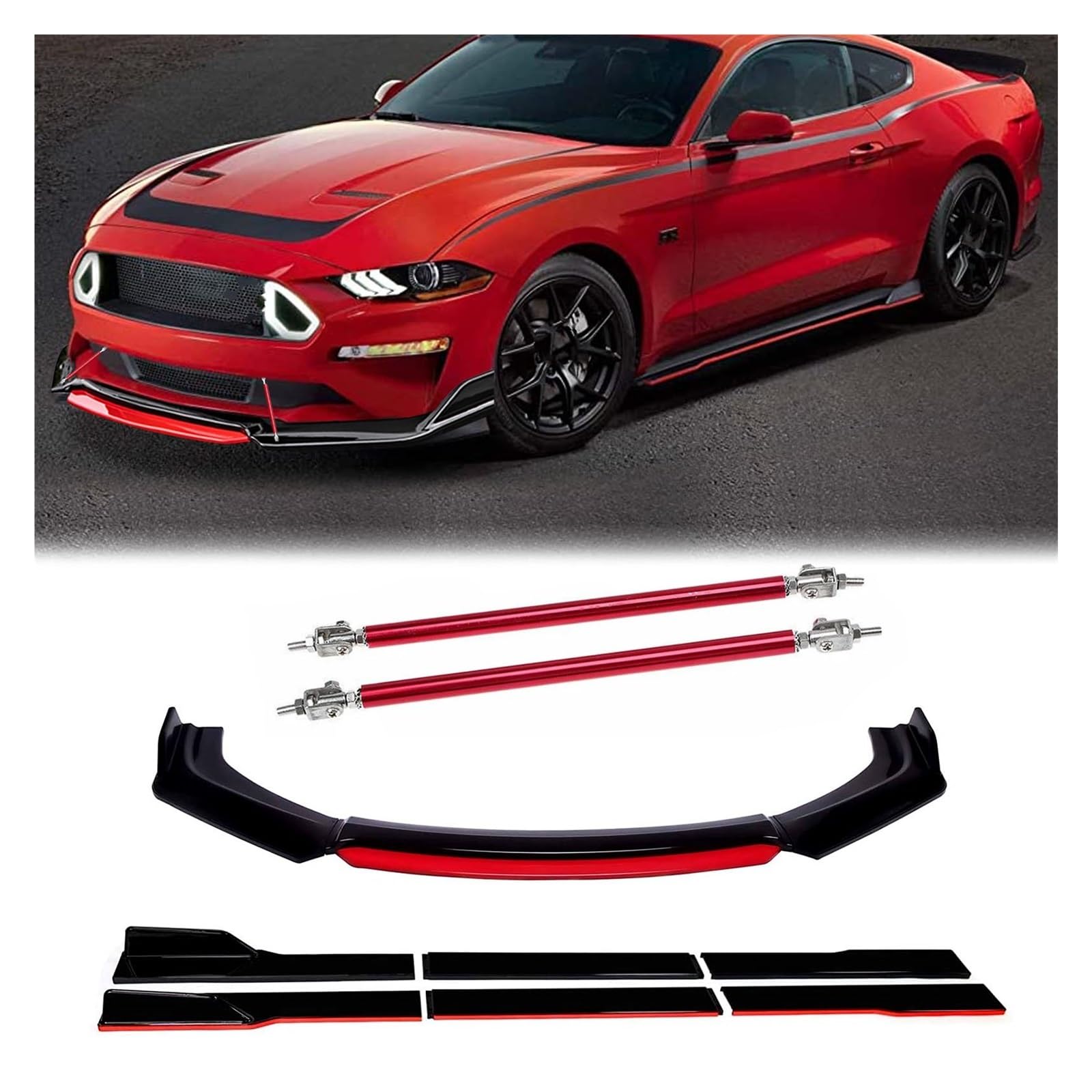 Kit Universel De Carrosserie Lèvre Pare-Chocs Avant Voiture + Séparateur Becquet Jupe Latérale 2M + Tiges Jambe Force 20CM Protection Jupe latérale de Style carrosserie