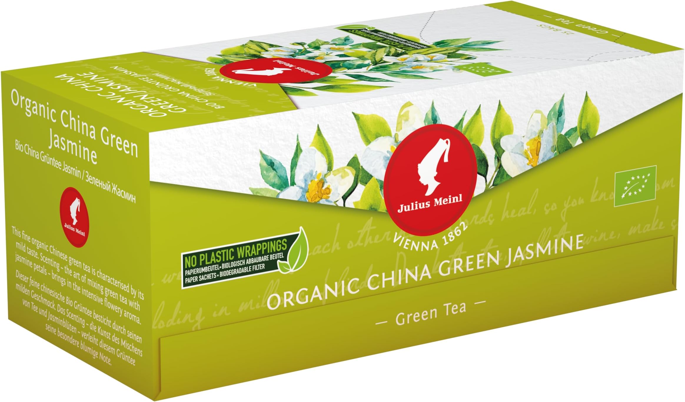 Organic China Green Jasmine Tea, The Intensive Flowery Aroma Of Jasmine Blossoms Harmonize With The Typical Taste Of Green Tea. 25 Tea Bags,Plastic Free