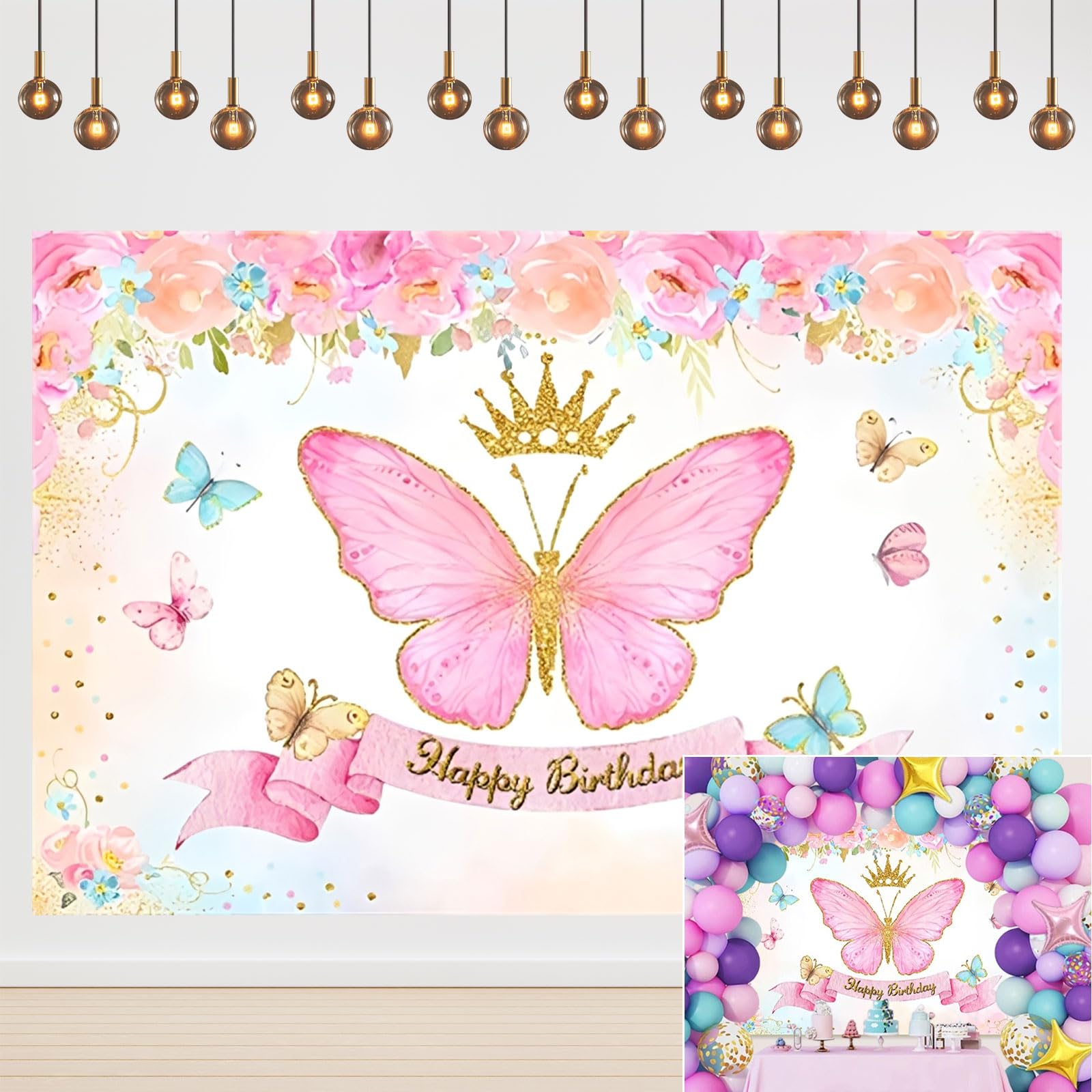 Yeele Fotohintergrund „Happy Birthday“ – 2,2x1,5 M Vinyl, Mit Rosa Blumen, Schmetterlingen & Krone