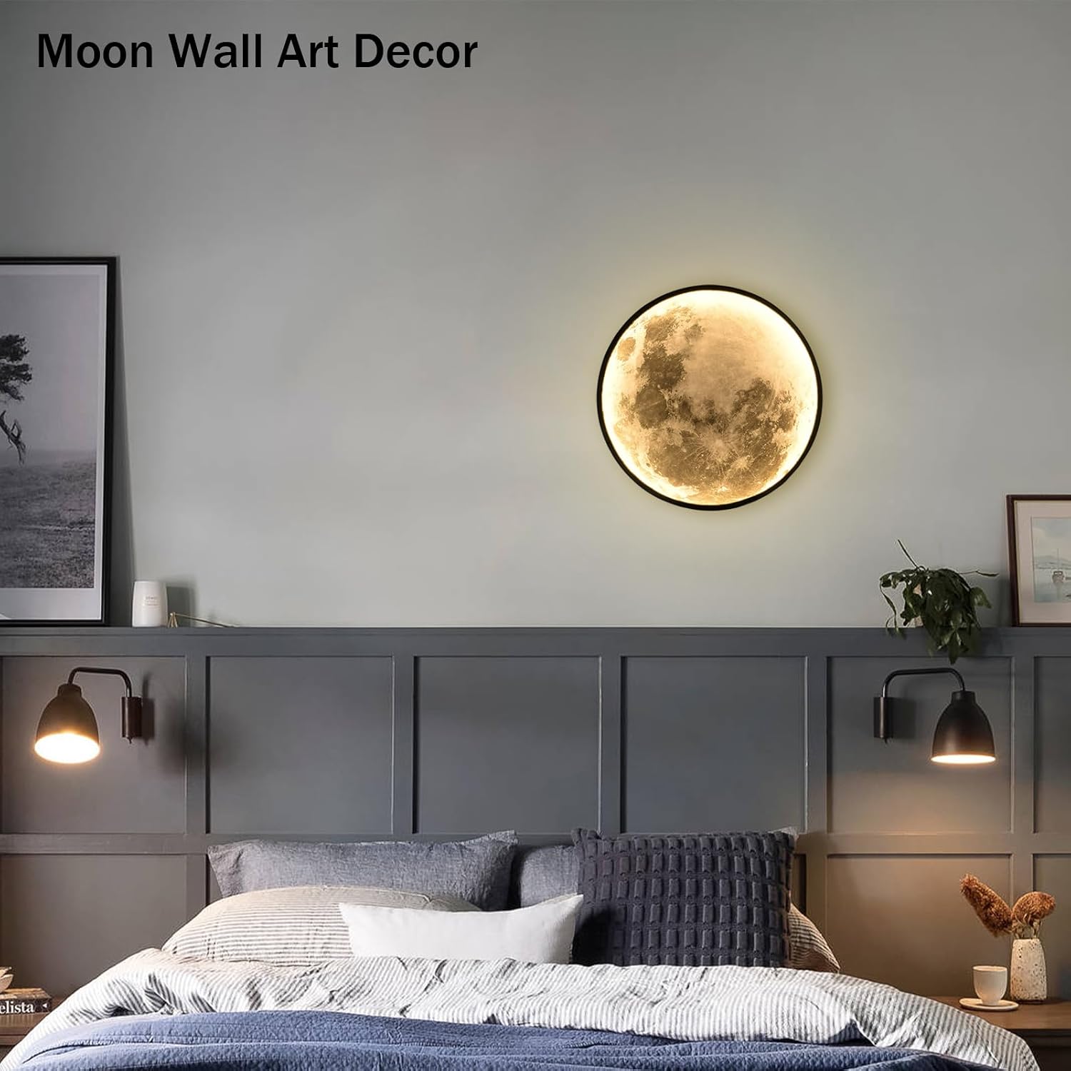 Dimmable Moon Wall Light 9.5 Inch Indoor Plug in LED Wall Sconce with Romote Control Black Modern Wall Lamps for Bedroon Living Room Decor Lighted Wall Art