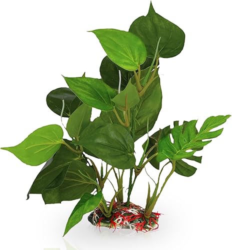 Miniatura 2 de SunGrow Planta de hoja de plástico de 10 pulgadas, base de cerámica resistente, escondite para peces, betta, pez ángel, peces dorados, rana, pitón,