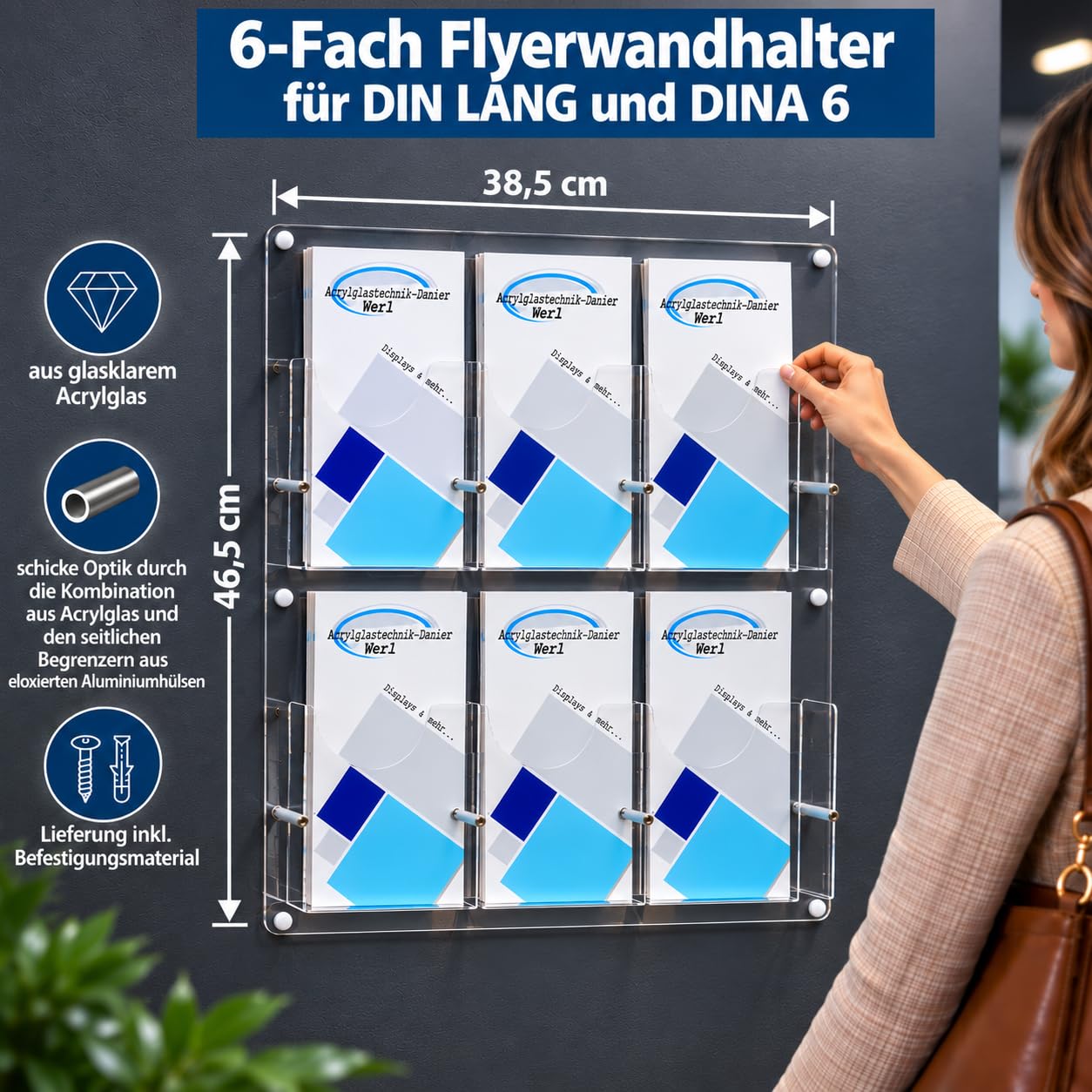 6-Fach Flyerhalter Prospektwandhalter DIN LANG,DIN A6,1/3A4 Flyer