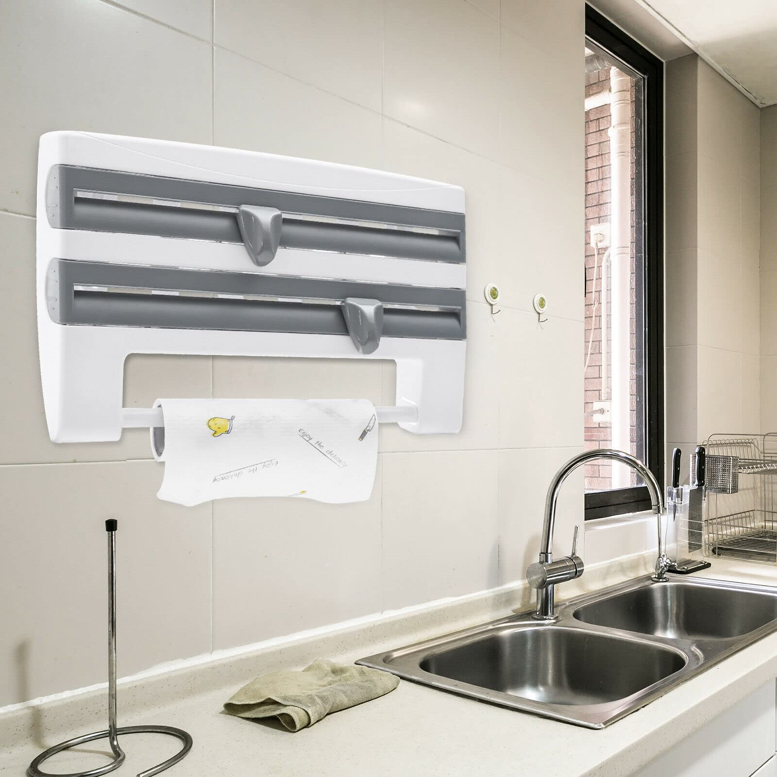 Wandrolhouder 4-in-1 keukenrolhouder, transparante folie, aluminiumfoliedispenser, keukenrol, handdoekhouder, keuken, badkamer Wandrolhouder 4-in-1 keukenrolhouder, transparante folie, aluminiumfoliedispenser, keukenrol, handdoekhouder, keuken, badkamer