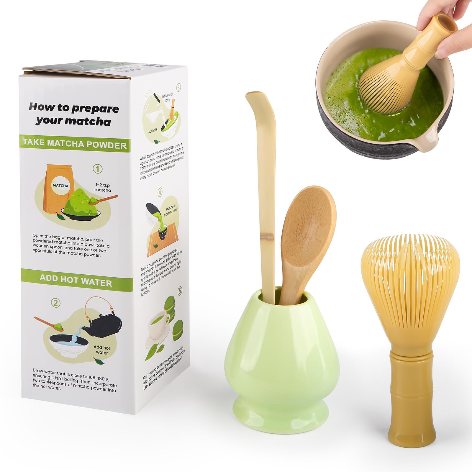 4 Piece Matcha Japanese Ceremony Set, Resin Matcha Whisk, Bamboo Spoon, Bamboo Scoop, Whisk Stand, Perfect Set for Preparing, Yellow - Pale Green