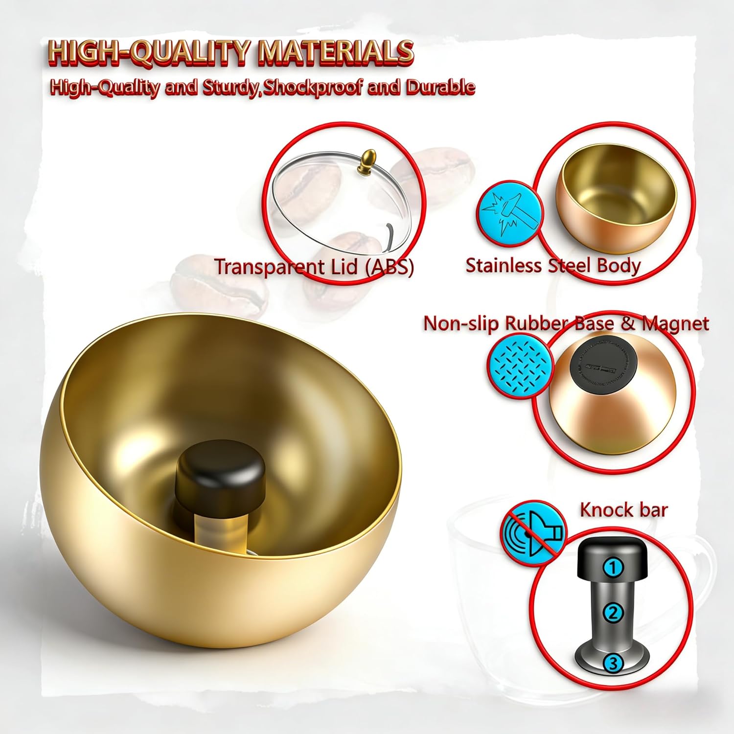 Upgraded Stainless Steel Espresso Knock Box,Gold Knock Box with Lid, Coffee Grounds Container, Removable Knock Bar & Non-Slip Magnetic Base - Espresso Accessories.ORALION (Large)