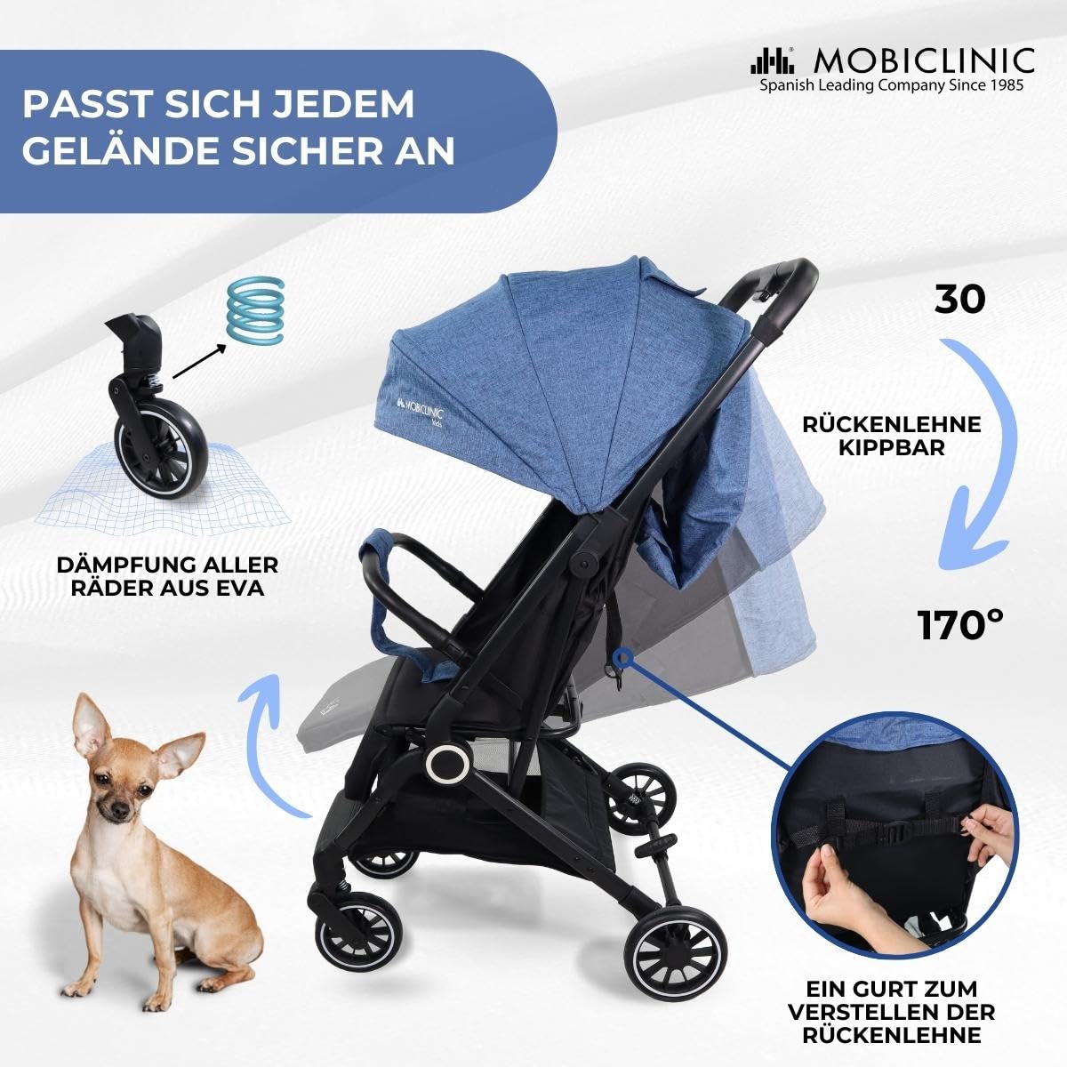 Mobiclinic®, Kinderwagen, Ultraleicht, 5-Punkt-Gurt, Einhandlenker, Zusammenklappbarer Kinderwagen, Korb, 0-36 Monate, Verstellbar, Ausklappbares Verdeck, Feststellbremsen, Trip