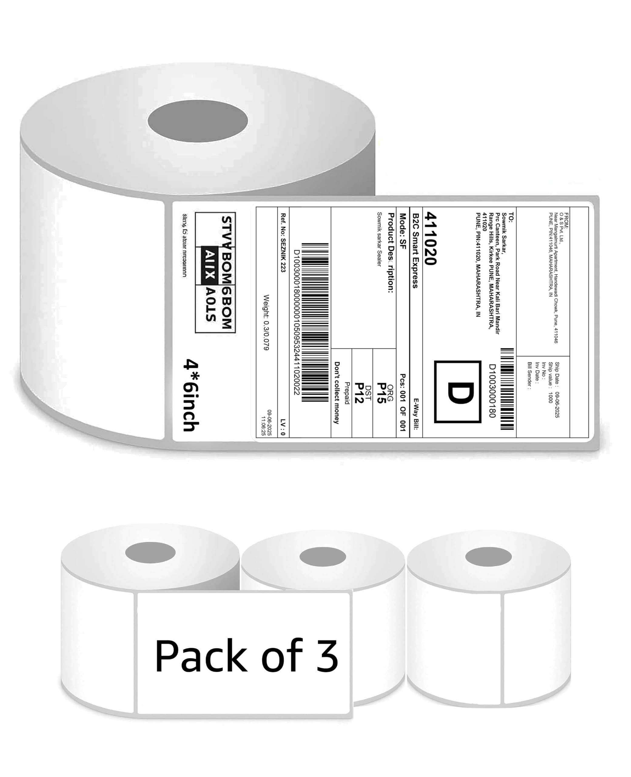 SEZNIK Thermal Printer 4x6 Inch Label Paper (100x150mm) | 1200 Labels | Shipping, Parcel, Barcode & Address Labels | Waterproof, Oil & Scratch Resistant Label Roll | BPA Free | Perforated (Pack of 3)