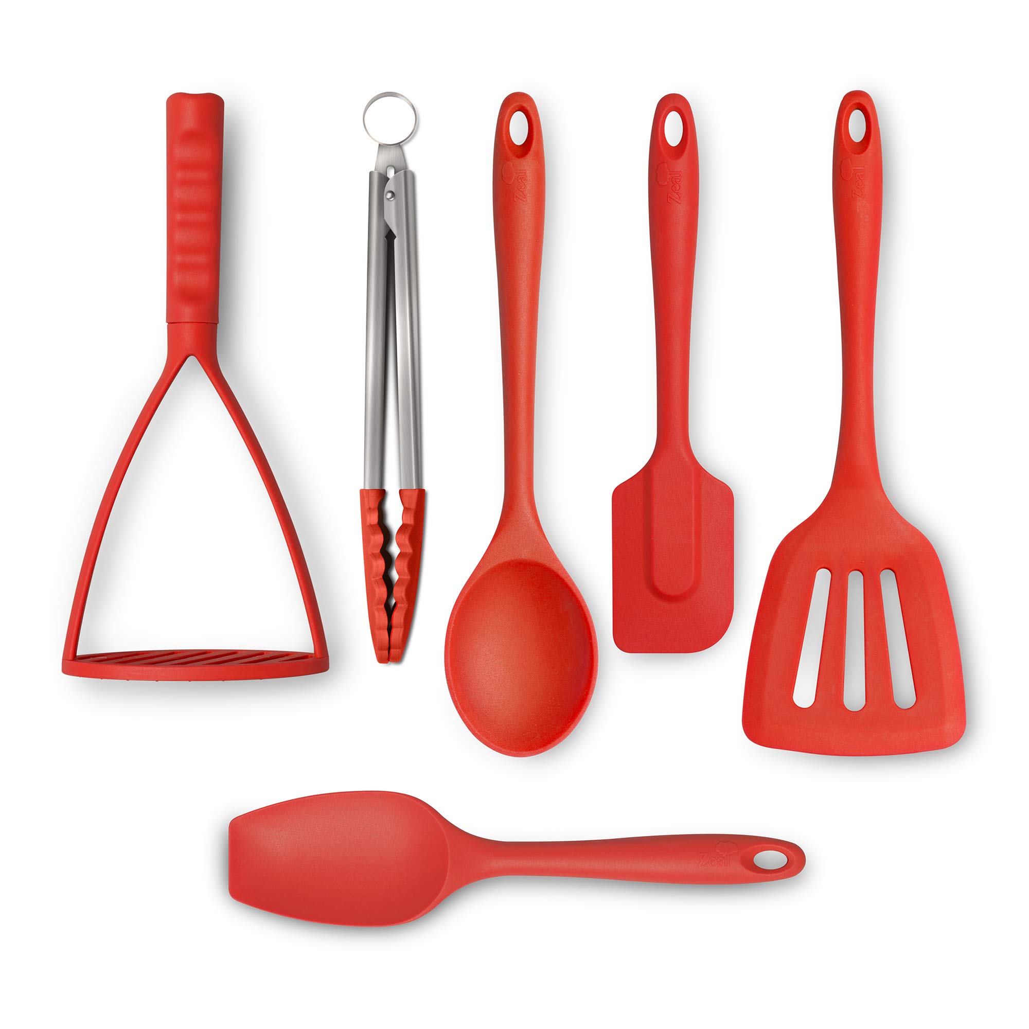 Zeal JSET47R Antihaft-Silikon-Kochzange, Löffel, Kochlöffel, Pfannenwender und Stampfer 6-teiliges Set, rot
