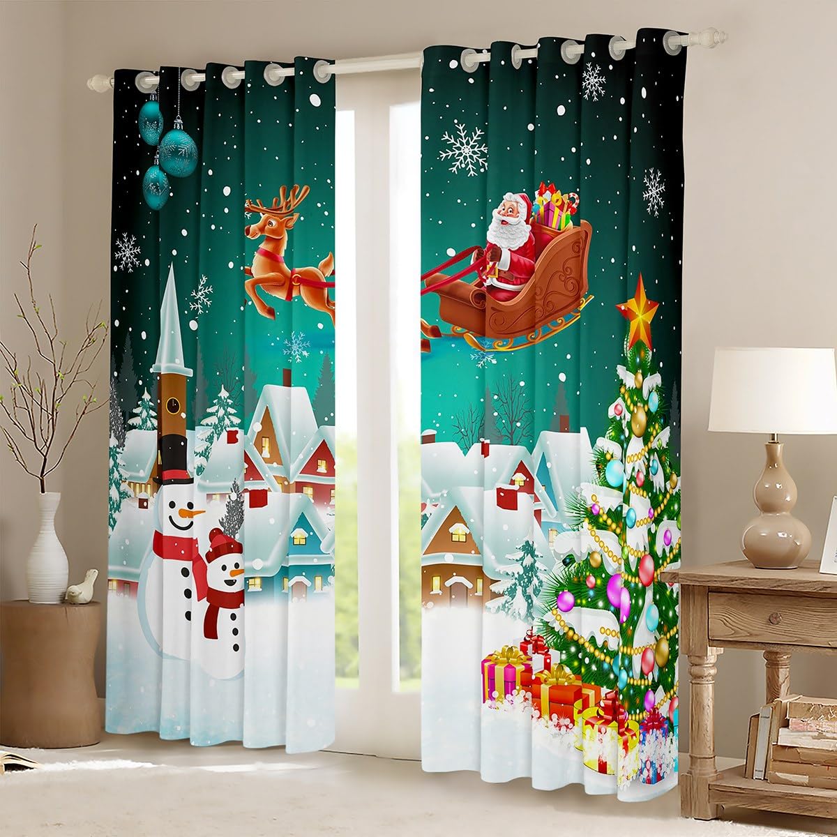 Manfei Christmas Blackout Curtain Xmas Tree Snowman Window Drapes for Kids Girls Room Decor Santa Claus with Reindeer Window Treatments Grommet Top 2 Panel Set Bedroom Curtains - Image 2