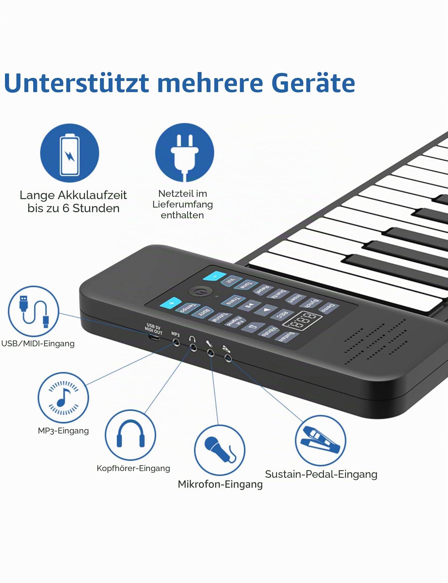 Bewinner E Piano mit Keyboards - Bluetooth MIDI 88 Tasten Roll Up Klavier mit 128 Tönen & Eingebautem Lautsprecher, Wiederaufladbare Tragbares Piano für Kinder und Erwachsene