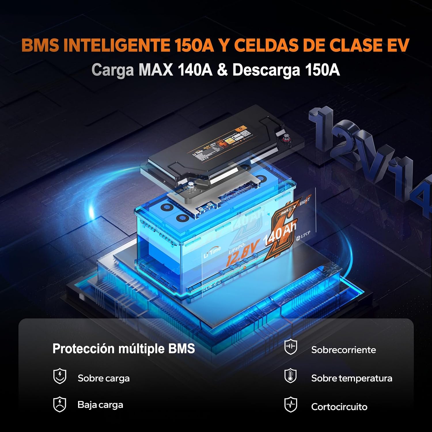 Diagram of LiTime battery with 150A BMS and protection features